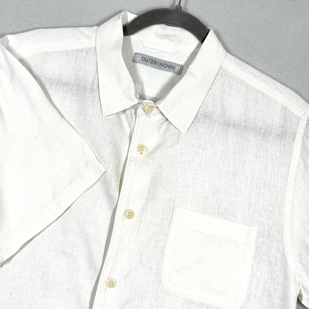 OuterKnown Shirt Mens Medium White Linen Short Sleeve Button Coastal Camp Beach‎